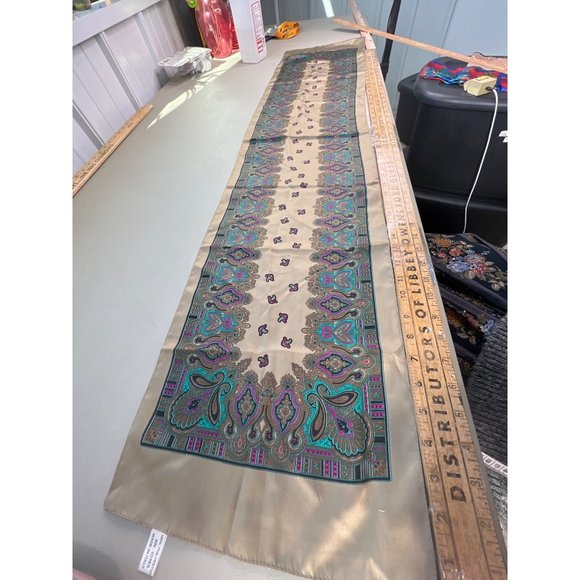 Vintage Paisley Rectangle Scarf Lightweight Polyester Neck Wrap Boho Tan Blue - Picture 3 of 6